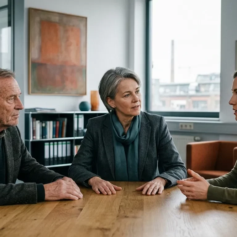 Eine externe Gesprächsbegleitung hört mehreren Mitgliedern einer Unternehmerfamilie mit unterschiedlichen Sichtweisen zu.
