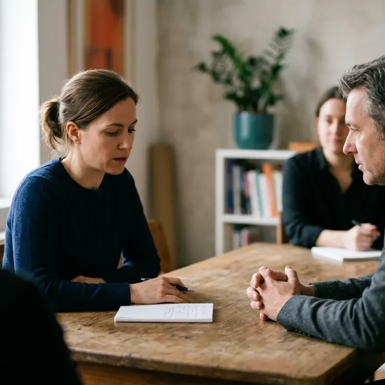 Supervisor und Fachpersonen beim ersten gemeinsamen Supervisionsgespräch in einem ruhigen Besprechungsraum.