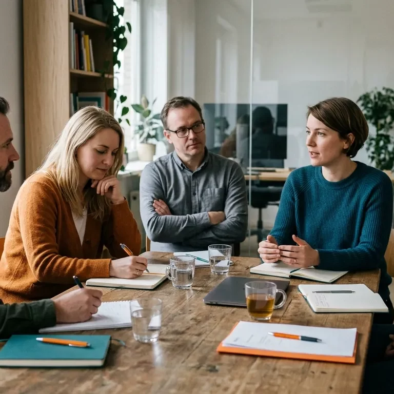 Neue Führungskraft im Gespräch mit früheren Kolleginnen und Kollegen aus dem bisherigen Team.