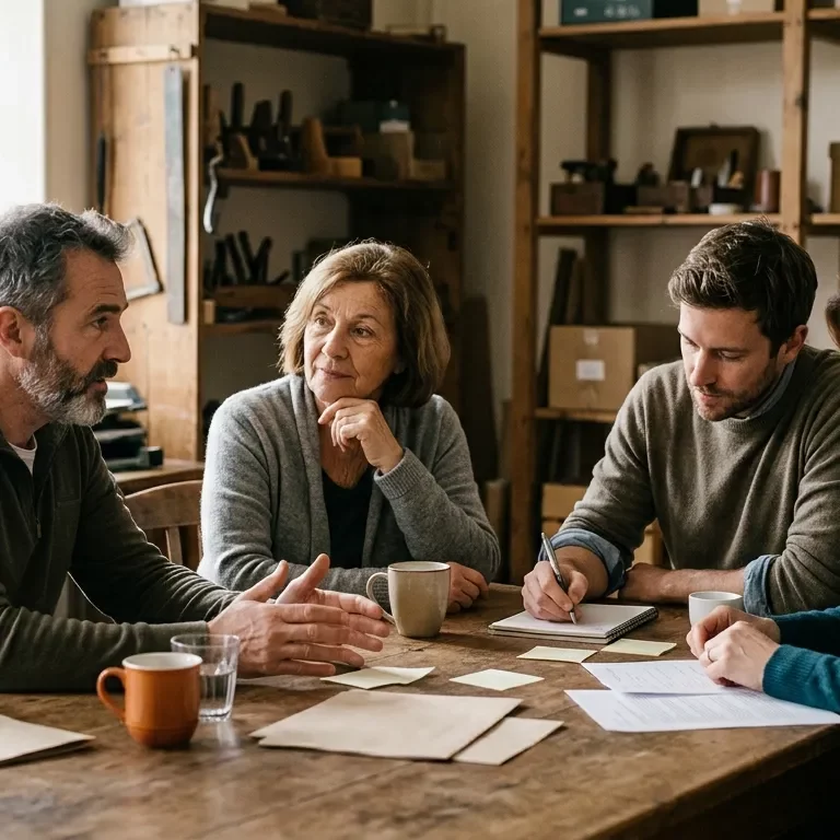 Mehrere Mitglieder einer Unternehmerfamilie treffen sich zu einem strukturierten Familiengespräch.