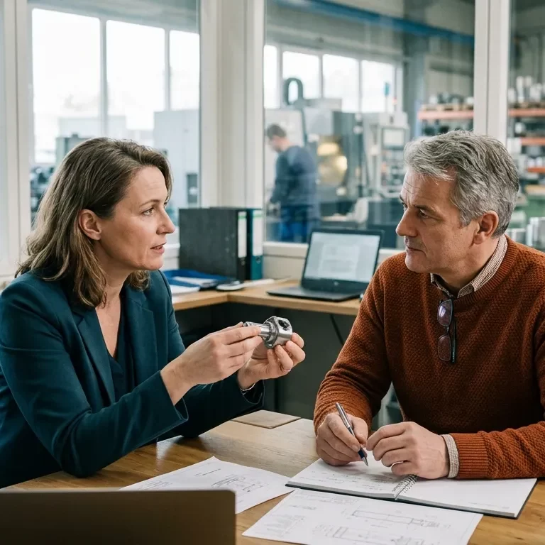 Ein Unternehmerpaar führt im gemeinsamen Unternehmen ein Gespräch, bei dem berufliche und partnerschaftliche Rollen zusammentreffen.