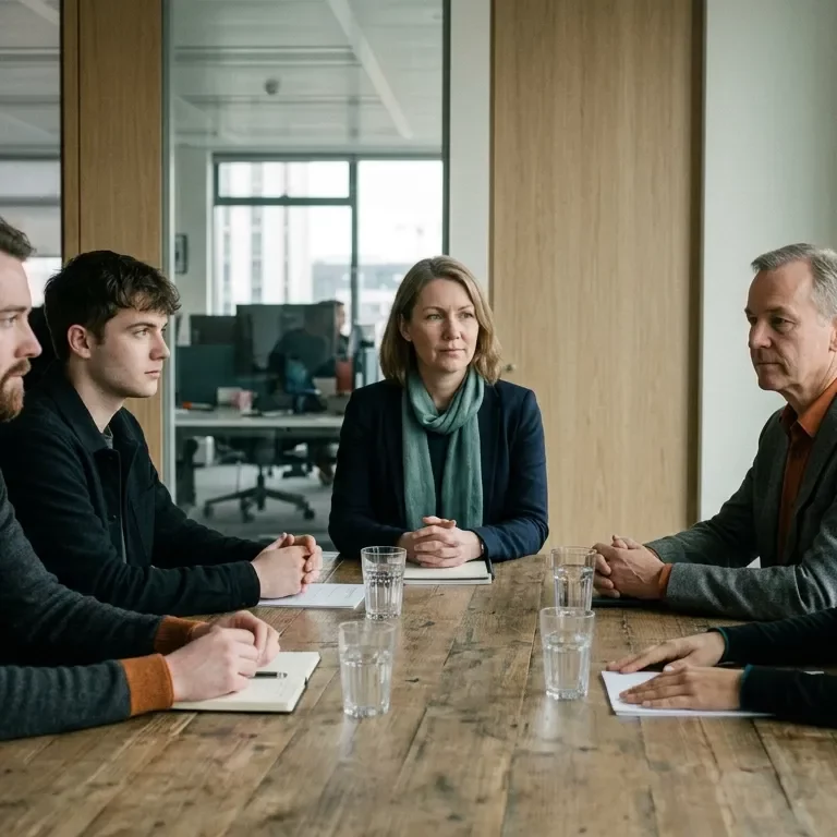 Führungskraft, Team und Supervisor in einem angespannten, professionell moderierten Klärungsgespräch.