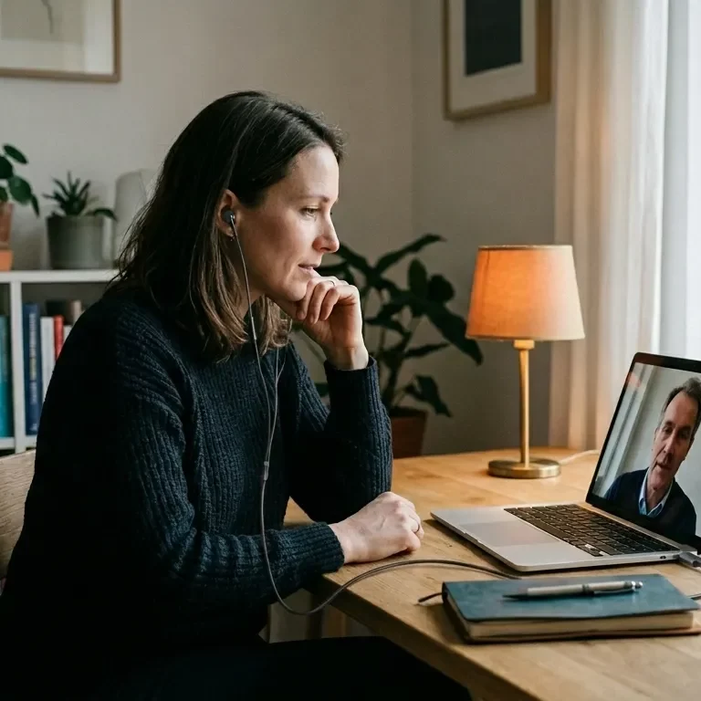 Fachperson nimmt aus einem ruhigen eigenen Arbeitsraum an einer persönlichen Online-Supervision teil.