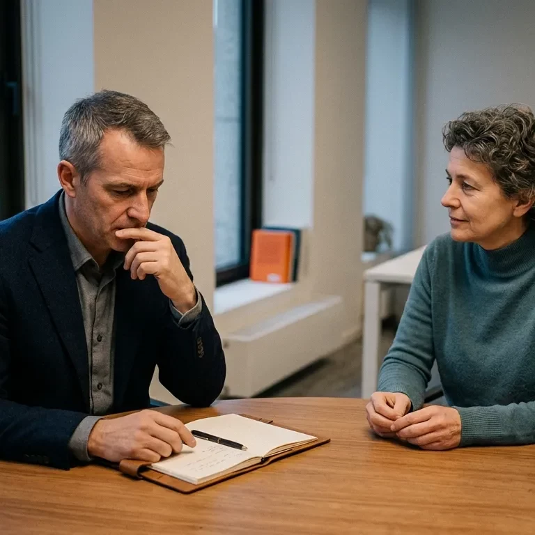 Führungskraft reflektiert mit einem Supervisor eine schwierige berufliche Entscheidung.