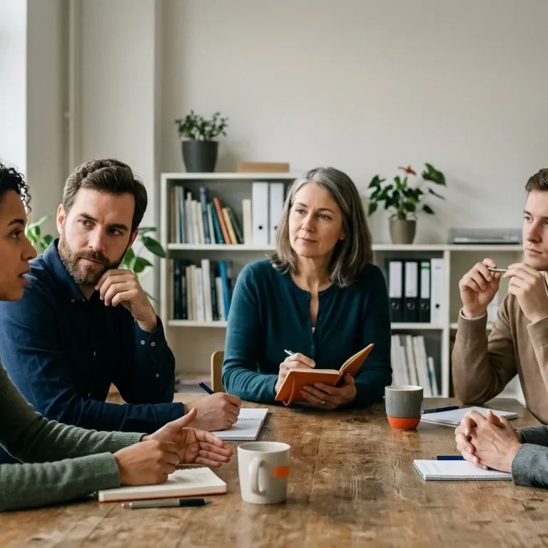 Team reflektiert mit einem Supervisor eine schwierige Zusammenarbeit und unterschiedliche Perspektiven.