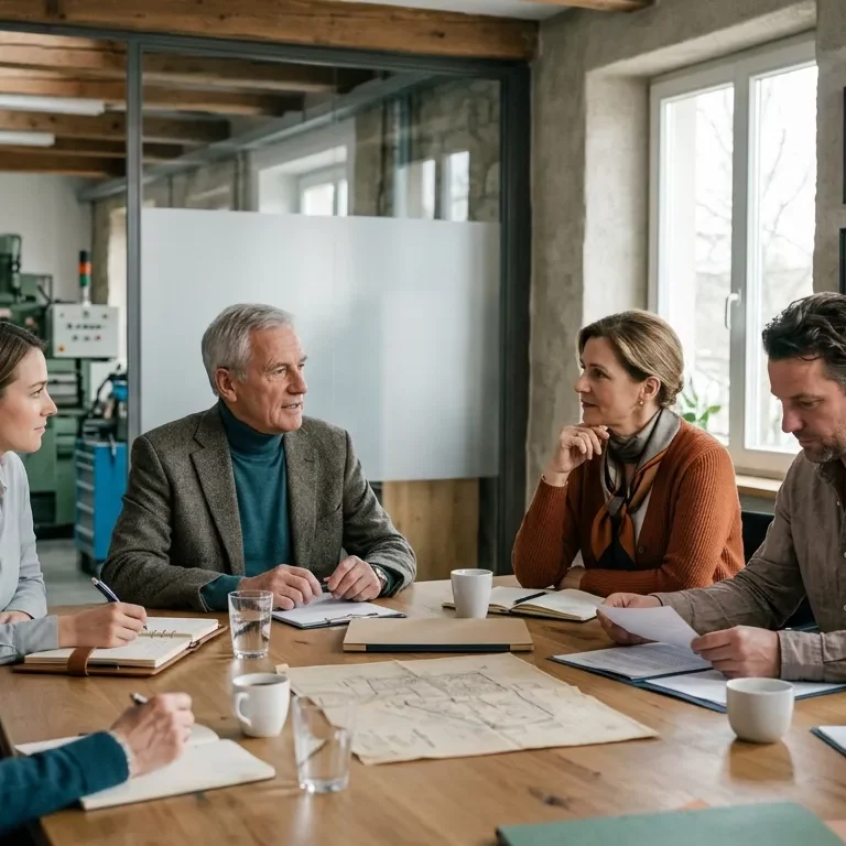Mehrere Mitglieder einer Unternehmerfamilie besprechen gemeinsam Regeln, Informationen und zukünftige Entscheidungen.